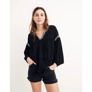 Madewell True Black & White Trim Peasant Blouson-Sleeve Top Womens Medium